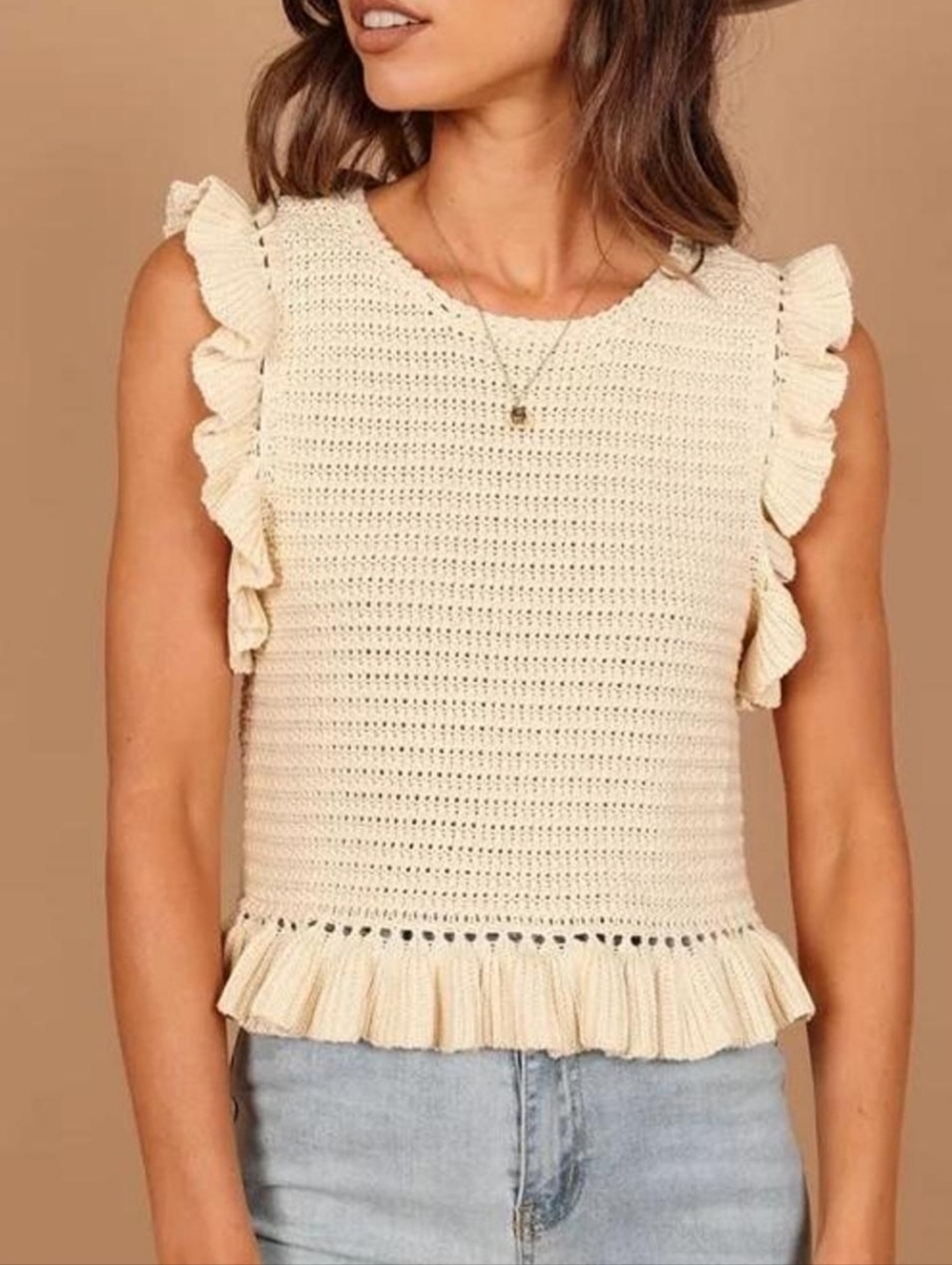Mable Cream Ruffle Crochet Tank Top - Feminine Sleeveless Knit Size Medium
